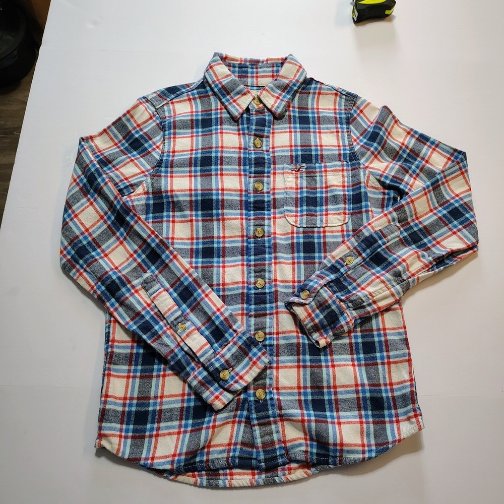 Hollister Mens Plaid Flannel Shirt‎ Long Sleeve Button Up Size S Red Blue White - Picture 2 of 12